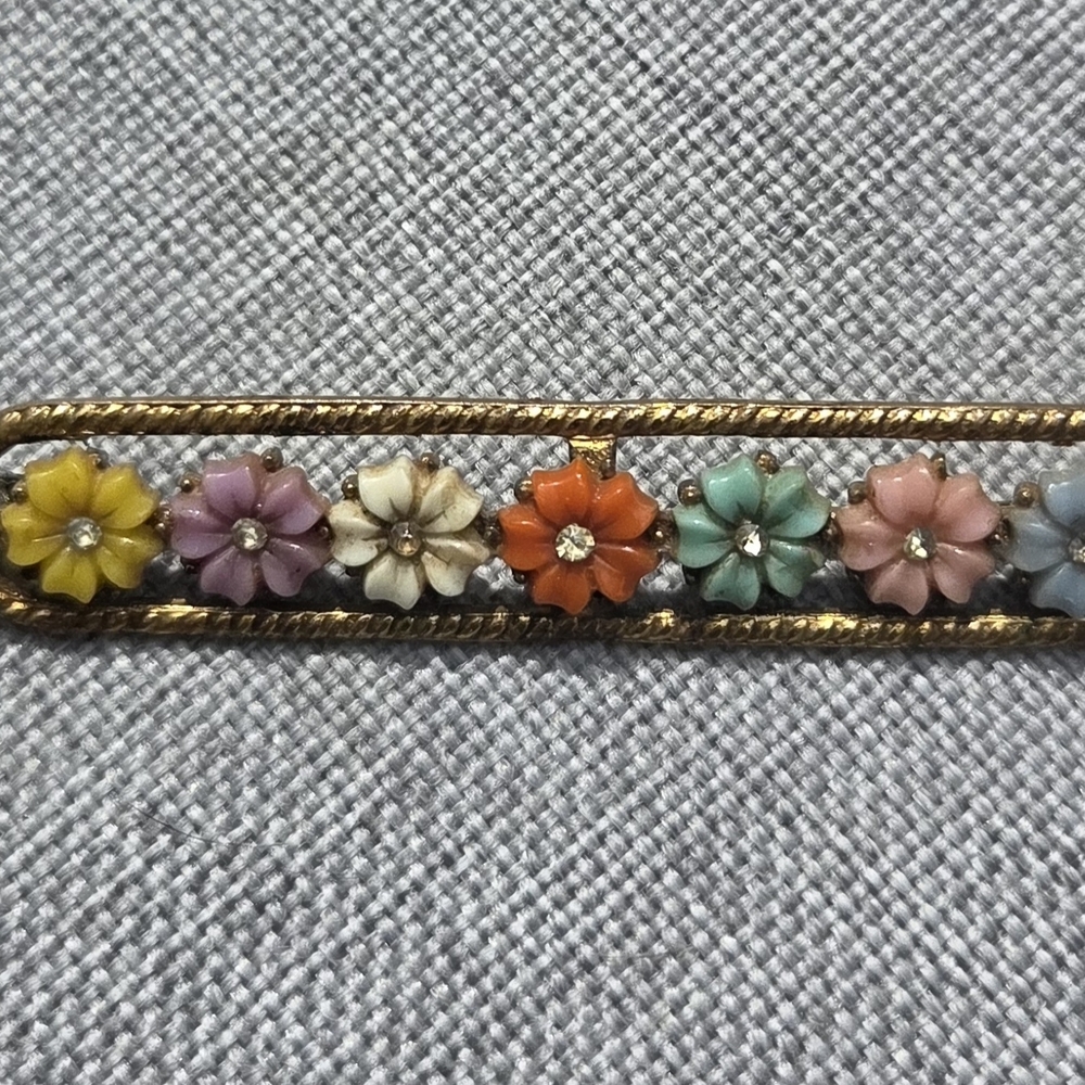 Vintage Art Deco Brooch Multi Colored Celulloid Flowers
